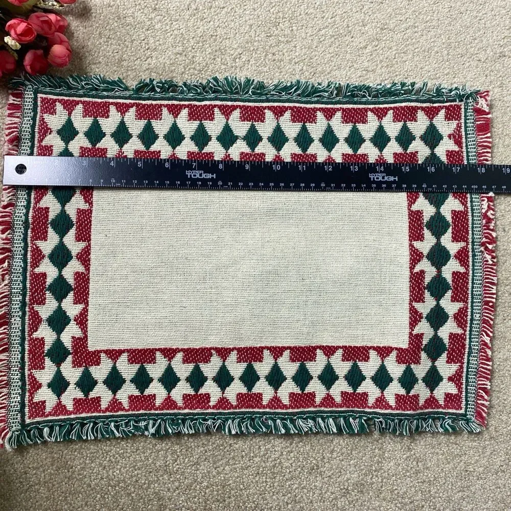 6‎ VTG Woven Decorative Placemats Red Green Geometric Fringe Boho Retro Rustic